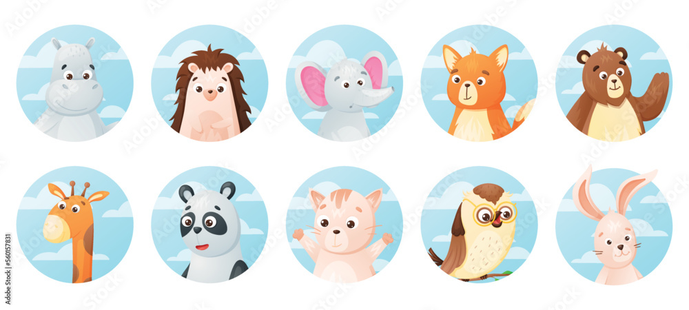 Round badges with cute cartoon forest Animals. Set of vector isolated banners. Round badges with cute cartoon forest Animals. Set of vector isolated banners.