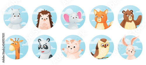 Round badges with cute cartoon forest Animals. Set of vector isolated banners.