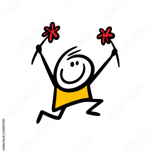 Funny little boy skipping runs and carries flowers.