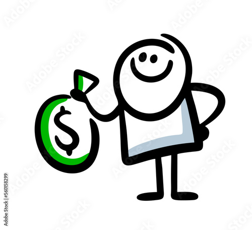 Doodle happy child holds a bag of cash and a dollar sign in his hand.