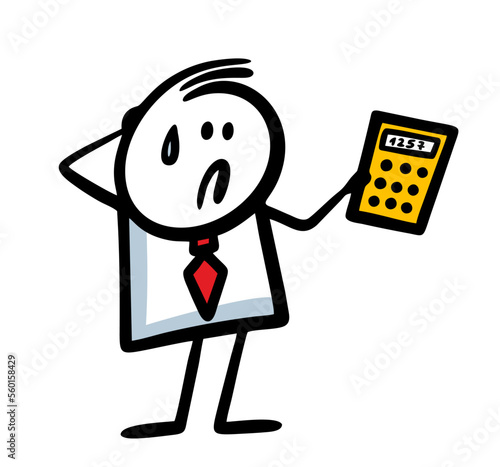 Puzzled man in a business suit looks at the numbers on the calculator in confusion.