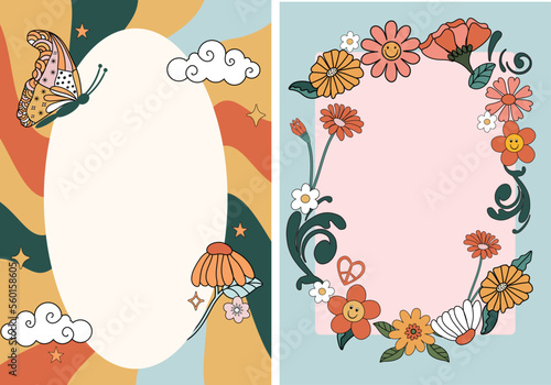 Illustrated 70s retro frame background for posters invites wall art, postcards. Hand drawn floral and botanical elements.