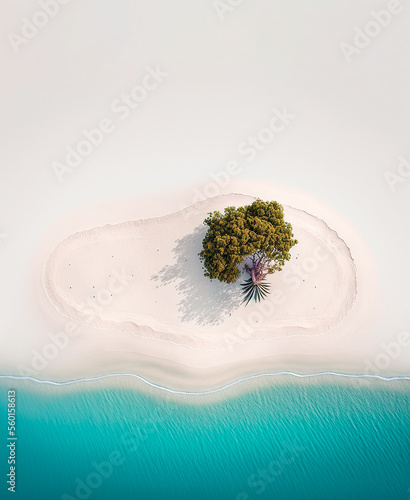 Vista cenital de la playa de una isla desierta, con algo de vegetación. Generative AI. photo