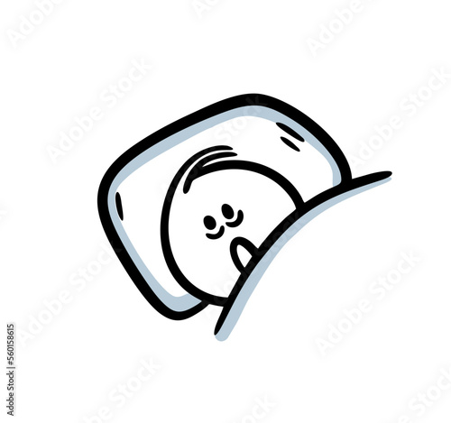 Doodle hand drawn sad unhealthy man lying in bed under a blanket and is sick.