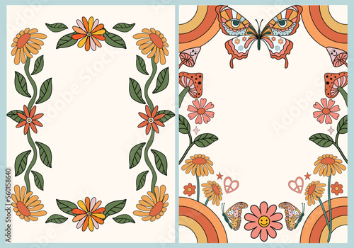 Hand drawn floral retro background for Posters Wall art, Invites and cards. Trendy 60s 70s themed groovy cute print template with flowers, rainbows, butterfly.