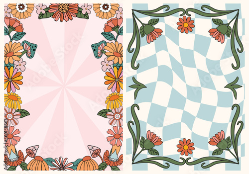 Groovy floral retro background for Posters Wall art, Invites and cards. Trendy 70s themed hand drawn floral template.