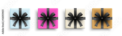Set of gifts box. Collection realistic gift presents top view. Festive decorative gift box with black bow. Isolated on white background. Vector illustration