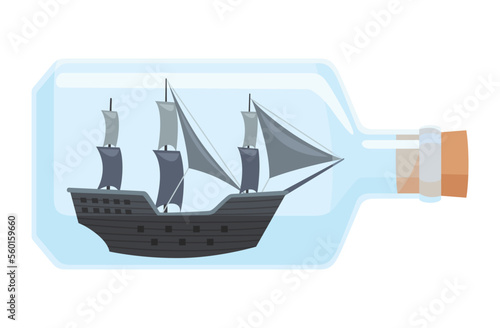 Ships in bottle. Glass with object inside. Miniature model of marine vessel. Hobby craft work and sea theme. Decorative marine souvenir, sailing craft