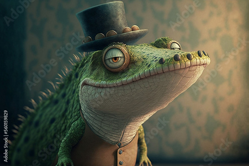 Graphic illustration of a crocodile wearing a small top hat, headshot. Artwork created with generative ai photo