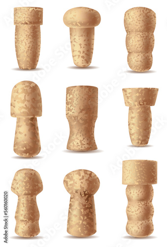 Corks wine stopper. Set corkwood plugs. Wine stoppers of different shapes. Wooden bungs for bottle, equipment for alcohol winery production. Wooden textured cartoon style