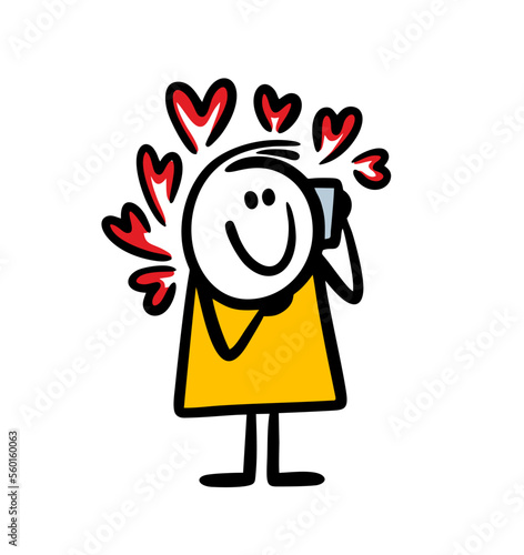 Doodle happy woman talking on the phone and receives a declaration of love with many hearts signs.