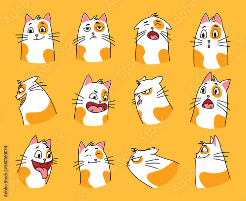 Cats expressions set. Cartoon pets with cute emotions, creative emoji of home animal. Vector illustration of funny mood of cat with big eyes isolated on yellow background