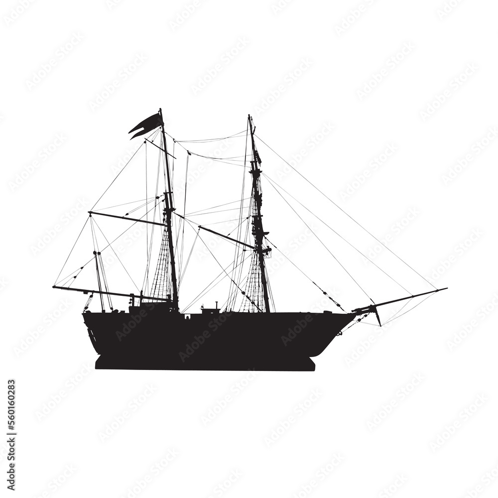 vector silhouette of an old sailing ship on an isolated white background