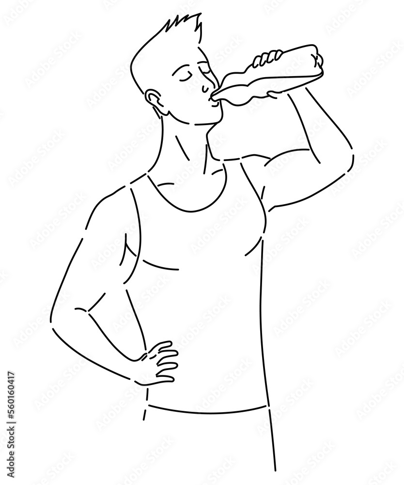 Benefits drinking water in coloring style. Healthy human body hydration, man with bottle drinks water. Healthcare drink illustration. Healthy Lifestyle concept