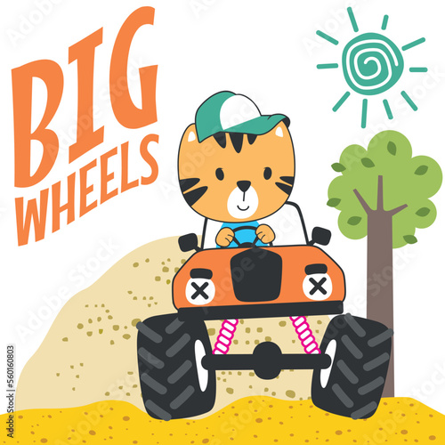 Vector illustration of monster truck with little tiger driver. Can be used for t-shirt print  kids wear fashion design  invitation card. fabric  textile  nursery wallpaper and other decoration.