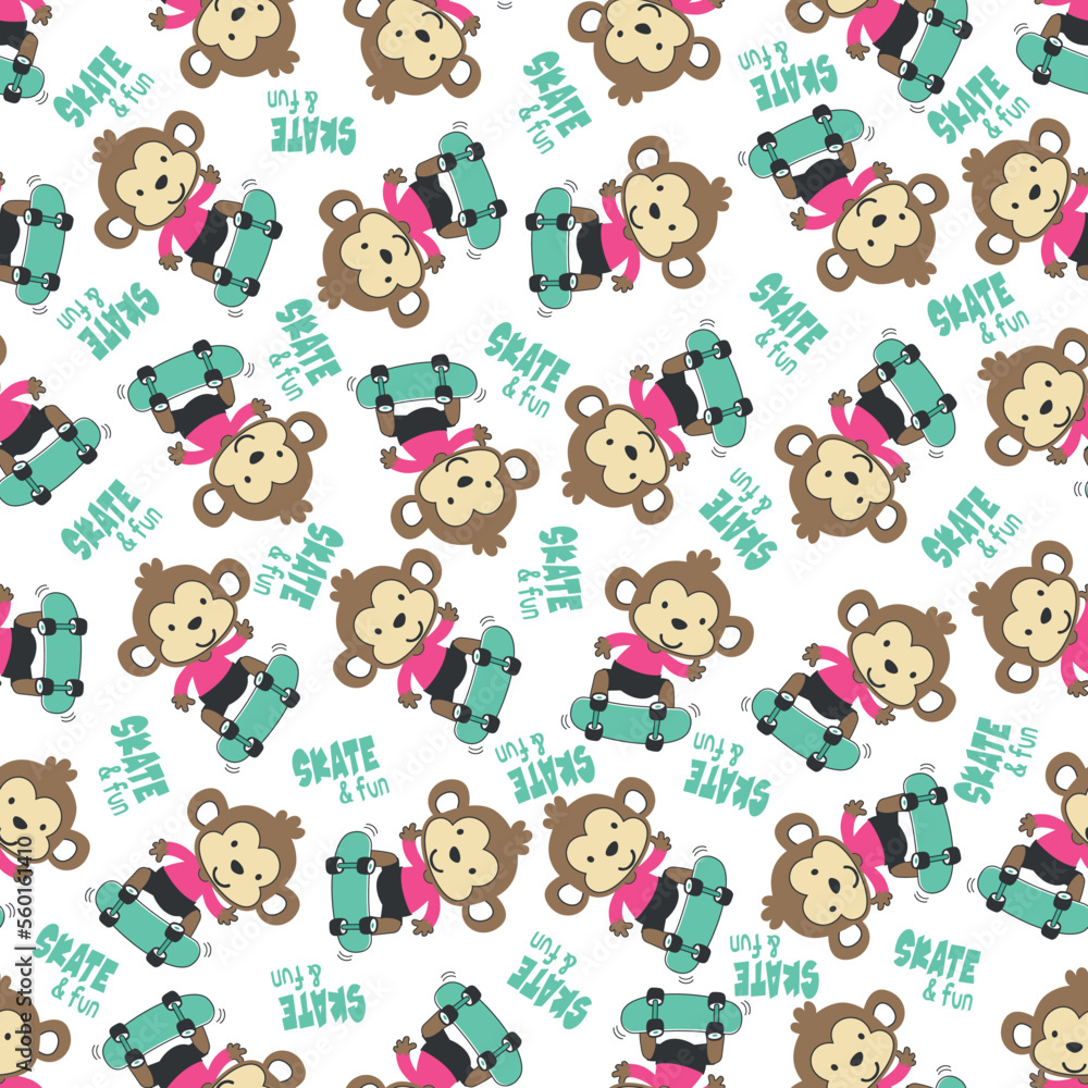 Seamless pattern with cute little monkey on skate board, For fabric textile, nursery, baby clothes, background, textile, wrapping paper and other decoration.