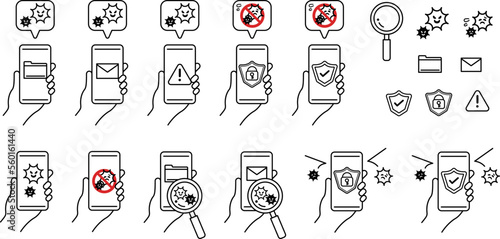 Virus infection of smartphone. Security warning. Virus and hacking measures. Internet trouble. Protection of personal data. Safe security measures.