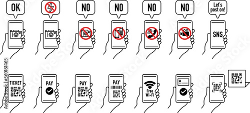 Smartphone icon set. Manners at public facilities. No photography allowed. No calls. Payment by electronic money. Electronic payment.