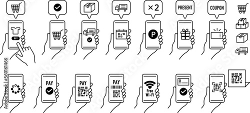 Smartphone icon set. online shopping. Payment by electronic money. Electronic payment. From shopping to delivery.