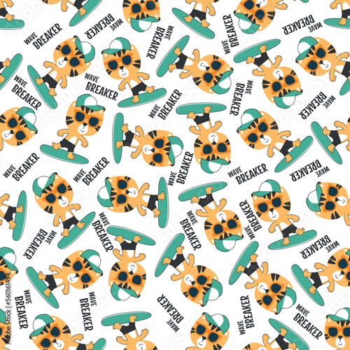 Seamless pattern of cute little tiger with a surfboard, Can be used for t-shirt print, Creative vector childish background for fabric textile, nursery wallpaper and other decoration.