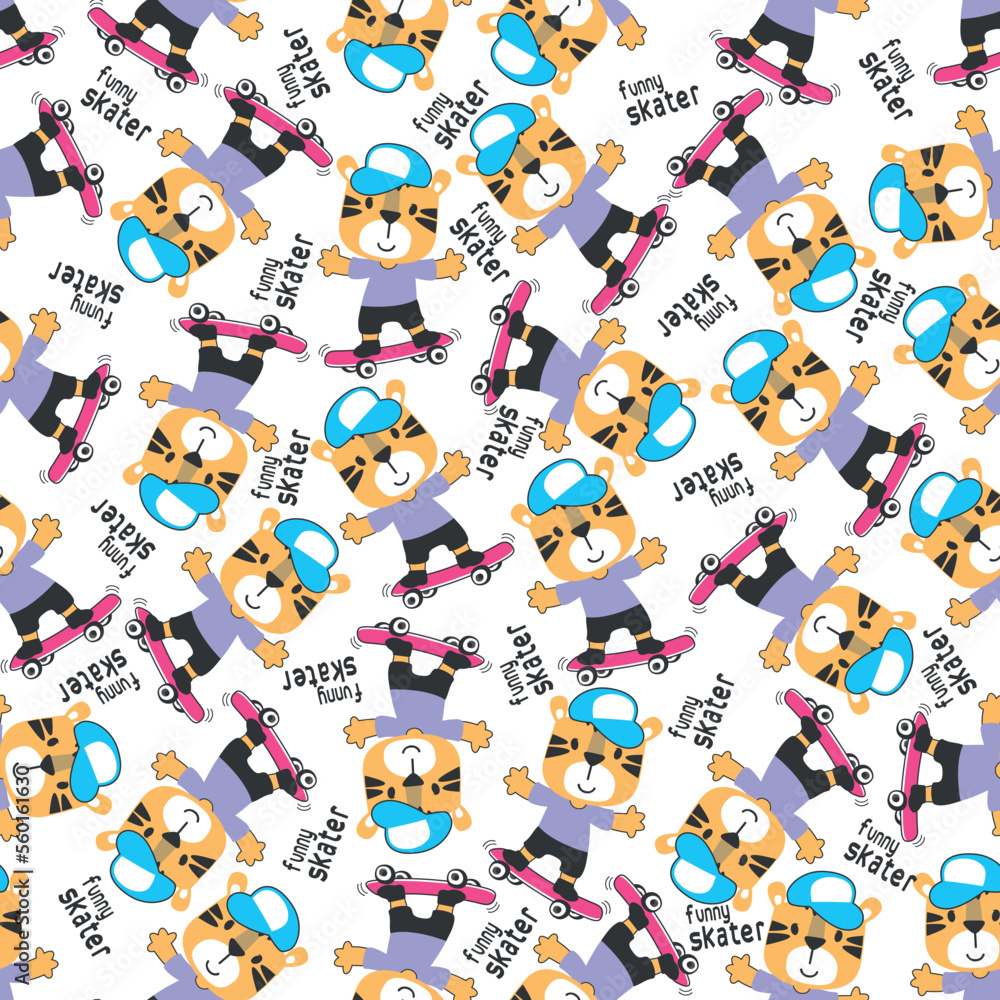 Fototapeta premium Seamless pattern with cute little tiger on skate board, For fabric textile, nursery, baby clothes, background, textile, wrapping paper and other decoration.