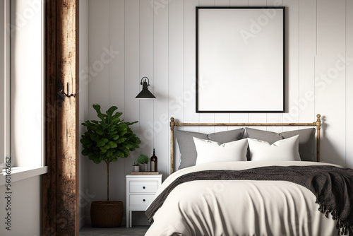 Mockup frame in a farmhouse style bedroom setting. Generative AI