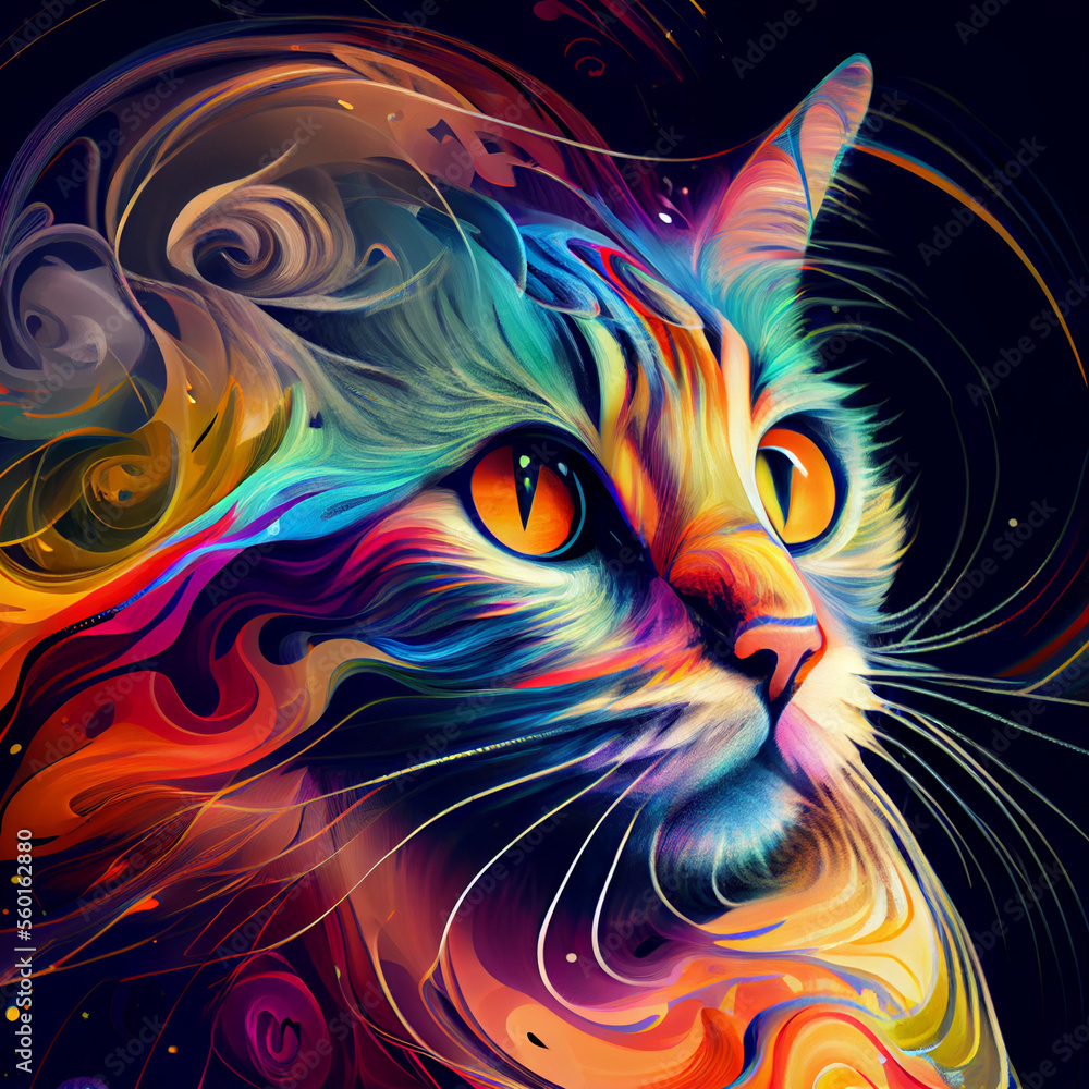 adorable kitty with abstract psychedelic graphic,collage