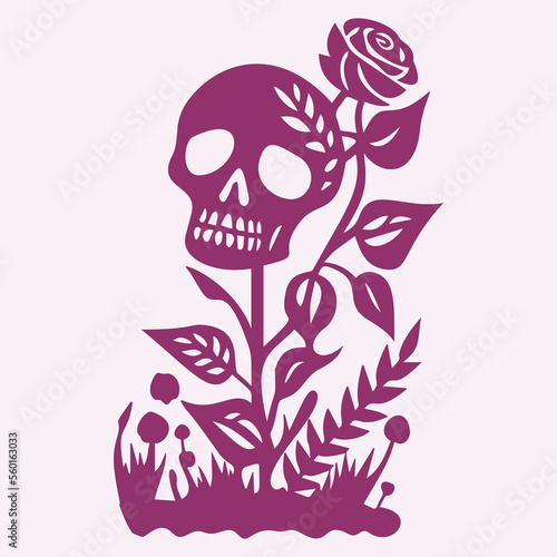 Floral skull tattoo low brow illustration. Vector gothic skeleton ink doodle with flowers in viva magenta.