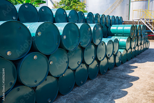 Oil barrels green or chemical drums horizontal and horizontal stacked