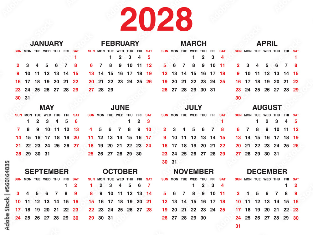 Calendar 2028 year vector illustration, Set of 12 calendar, week starts