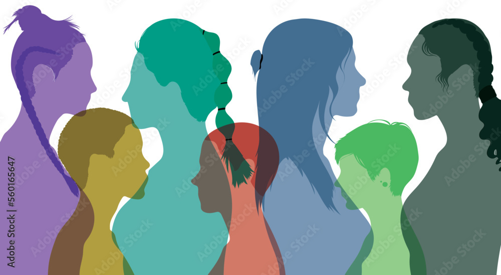 We're a group of multi-ethnic women who talk and share information. Community of women on social networks. Flat vector illustration. Women and girls of diverse cultures communicate and hang out.