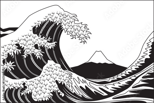 Stampa su tela Line art vector of great wave off kanagawa background with Fuji mountain drawing