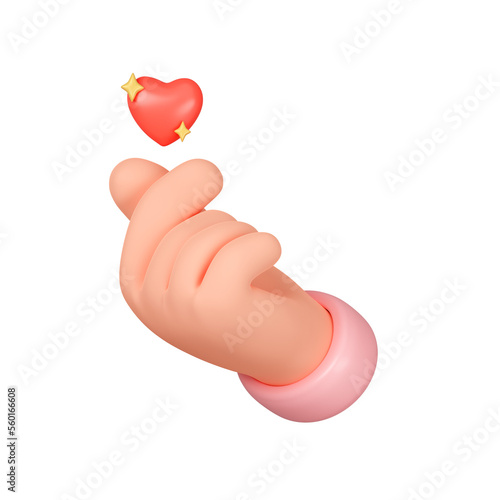 Canvastavla 3d hands mini love gesture with red heart, korean kpop expression of love isolated on pink background with clipping path