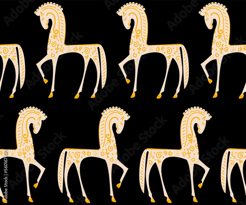 Abstract Hand Drawing Ethnic Traditional Horses Seamless Vector Pattern Isolated Background