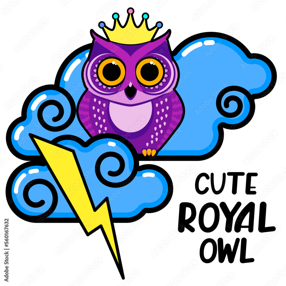 Naklejka premium Cute owl in the crown, among the clouds and lightning. Cartoon vector illustration. Humorous congratulatory power, might concept.