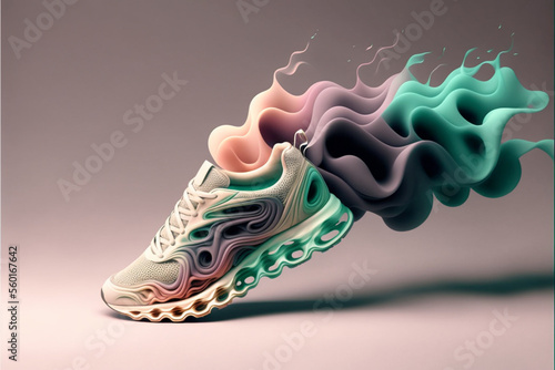 後部から煙のでるピンクと緑の靴のイラスト、Generative AI photo
