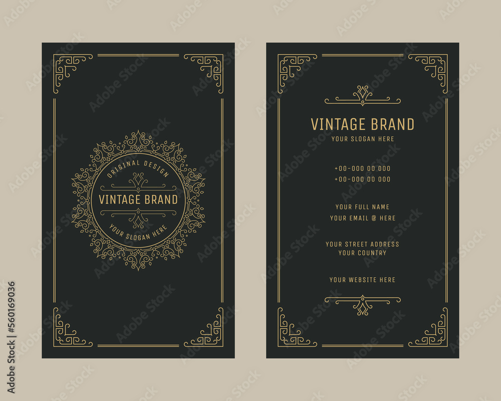 Luxury vintage vertical business card ornament logo template, retro flourishes ornament frame design