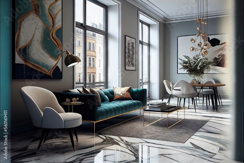 Stunning Lavish apartment interior design marble floor. AI generated art illustration.  