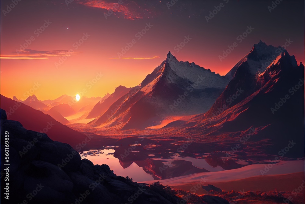 Mountain landscape at sunset. AI generated art illustration.	
