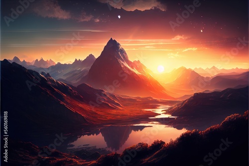 Mountain landscape at sunset. AI generated art illustration.   © Дима Пучков