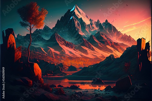 Mountain landscape at sunset. AI generated art illustration. 