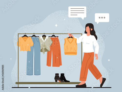 Dress code concept. Young girl in wardrobe near clothes on hanger. Woman chooses clothes, atelier at studio. Fashion and style, trend. Aesthetics and elegance. Cartoon flat vector illustration