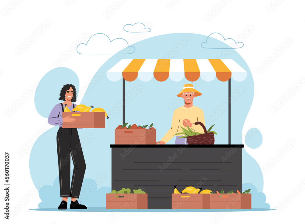 Farmers market concept. Man and woman with fruits and vegetables, natural  and organic products, local shop. Rural countryside and village. Seller and  customer. Cartoon flat vector illustration Stock Vector | Adobe Stock
