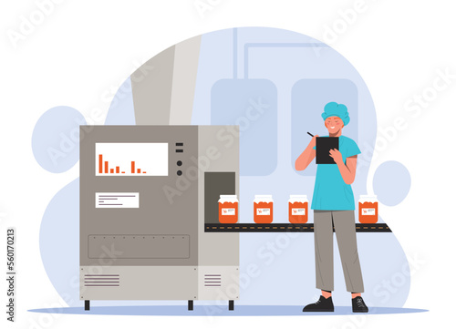 Food manufacturing concept. Woman stands near conveyor with cans of red liquid, marmalade and notes quality control. Business and automation of production of goods. Cartoon flat vector illustration