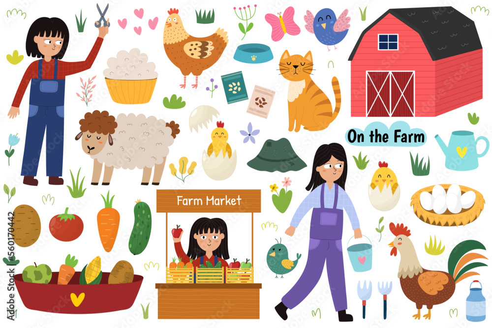 Fototapeta premium On the farm set with cute animals and kids farmers. Countryside life elements in cartoon style. Sheep shearing, farm market, rooster, cat, hen, chick in egg, barn and other gardening icons collection.