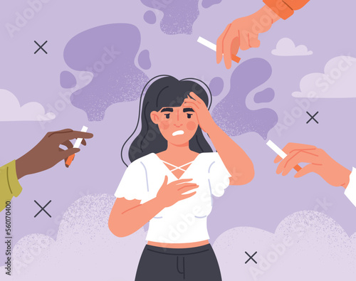Passive smoking concept. Young girl covers her head with her hands, hiding from cigarette smoke. Character against nicotine, health care. Poster or banner for website. Cartoon flat vector illustration