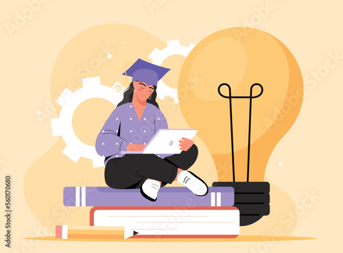 Self education concept. Young girl in graduation cap sits on book against background of electric light bulb. Learning, training and self development, useful hobby. Cartoon flat vector illustration