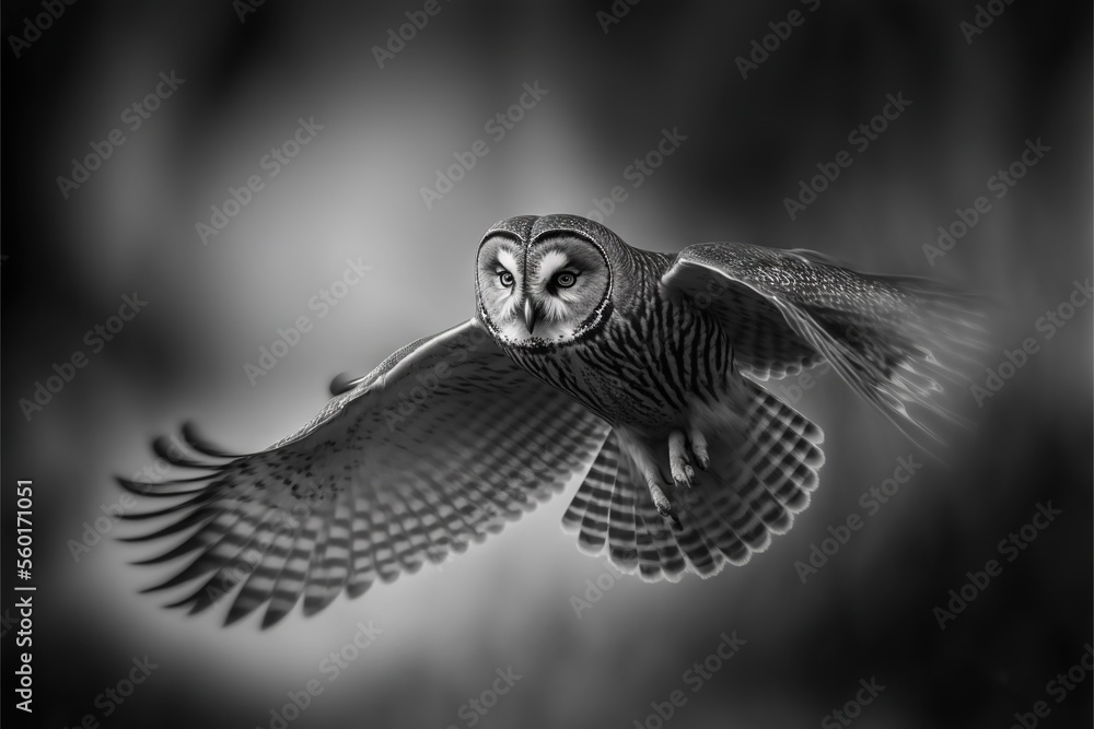 a black and white photo of an owl flying in the air with its wings ...