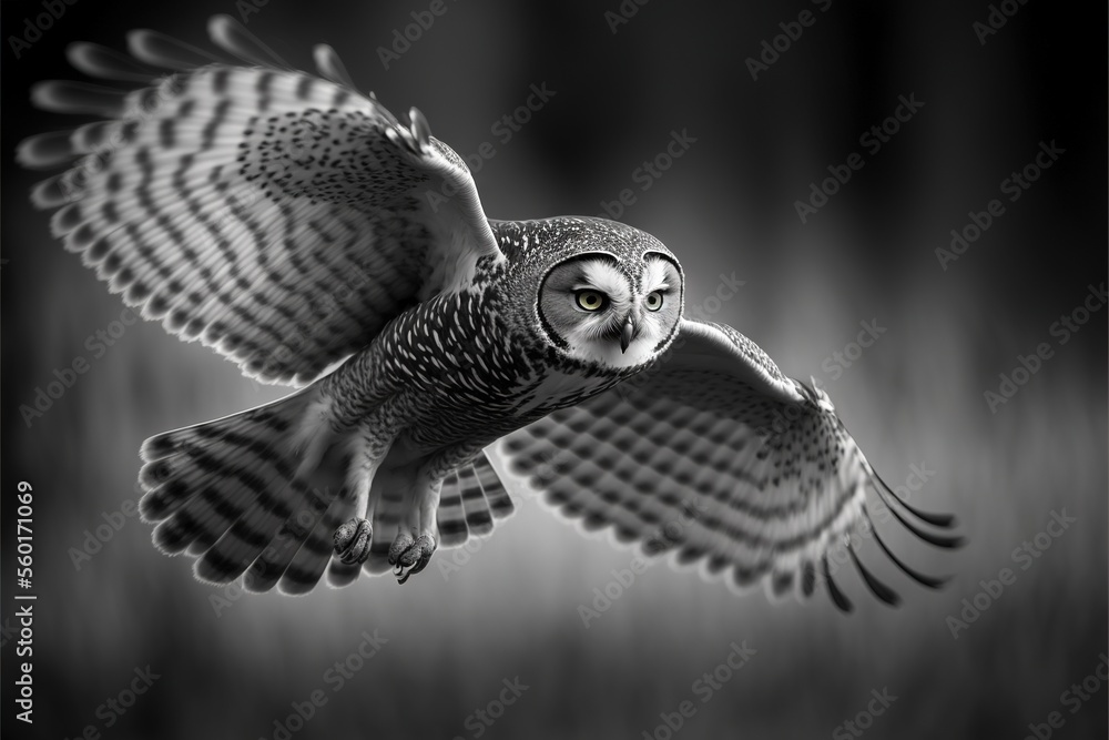a black and white photo of an owl flying in the air with its wings ...