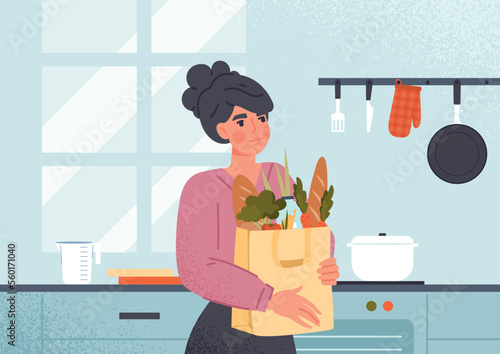 Woman with groceries. Young girl with package of natural and organic products, vegetables and milk. Household chores and routine, hostess with food in kitchen. Cartoon flat vector illustration